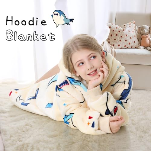 Aemicion Kids Wearable Blanket Hoodie-Shark Plush Hooded Blanket with Pockets, Cozy Fleece Sherpa Blanket as Gift for Boys Girls - Image 5