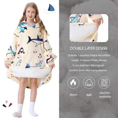 Aemicion Kids Wearable Blanket Hoodie-Shark Plush Hooded Blanket with Pockets, Cozy Fleece Sherpa Blanket as Gift for Boys Girls - Image 2
