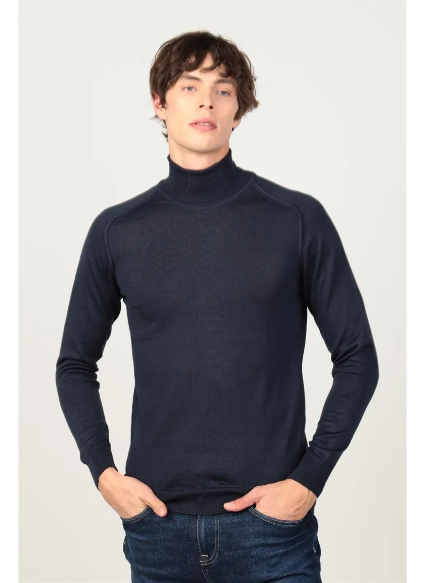 Tudors Men's Wool Sweater Navy Blue Plain Turtleneck