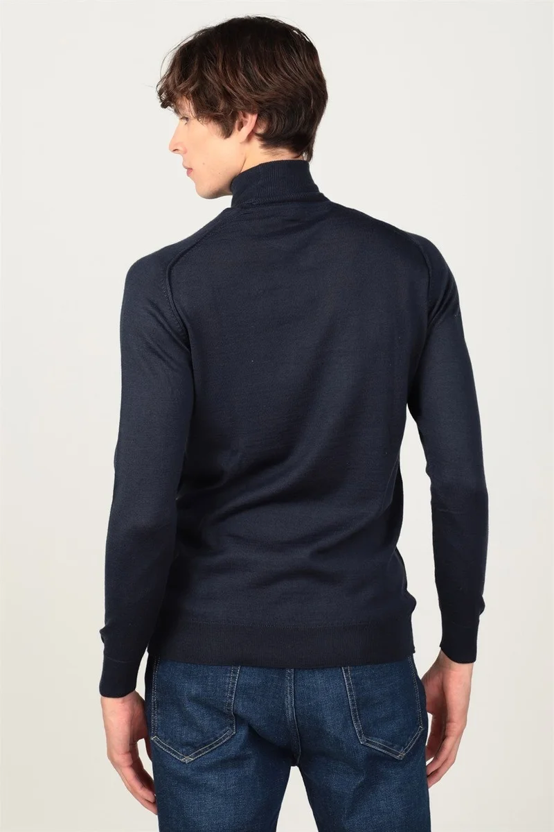 تودورس Men's Wool Sweater Navy Blue Plain Turtleneck
