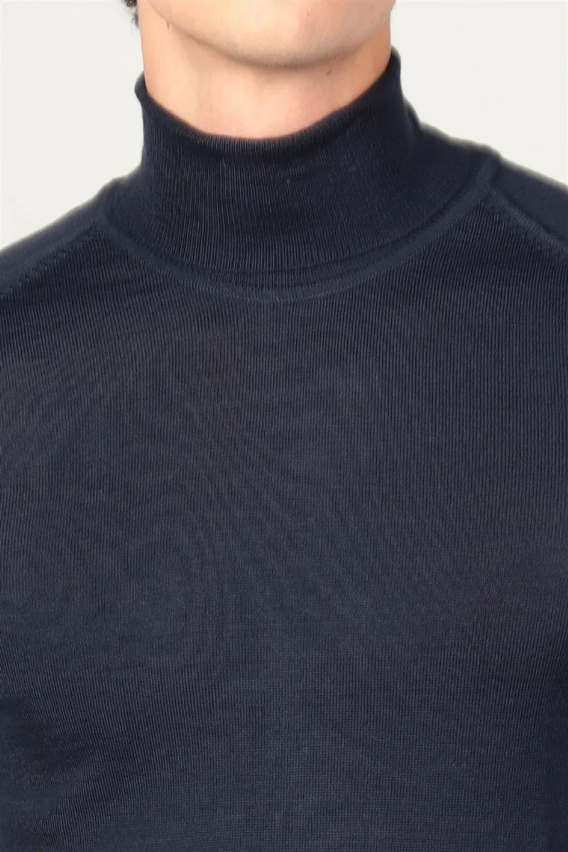 تودورس Men's Wool Sweater Navy Blue Plain Turtleneck