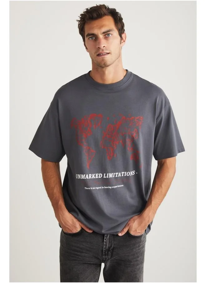 جريميلانج Grimelange Leaf Men's Crew Neck Cotton Printed Grey T-Shirt