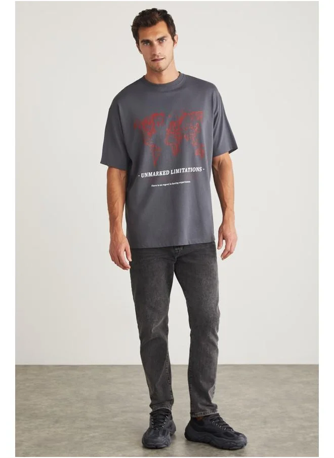 جريميلانج Grimelange Leaf Men's Crew Neck Cotton Printed Grey T-Shirt