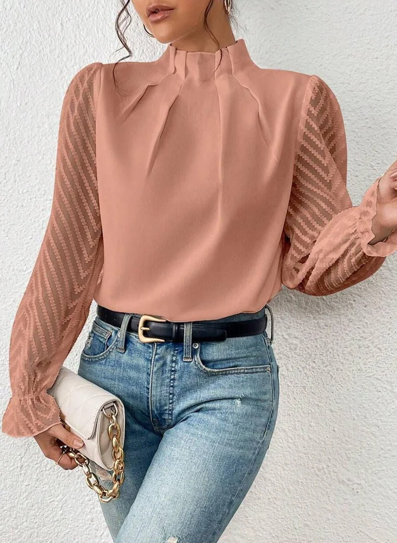 YUNIQEE Rust High Neck Long Sleeves Solid Top