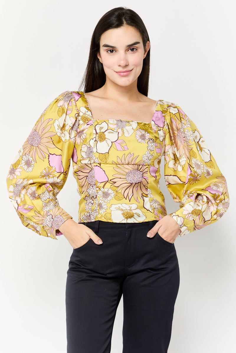 Sandro Women Square Neck Long Sleeves Graphic Print Blouse, Multicolor  - Image 1