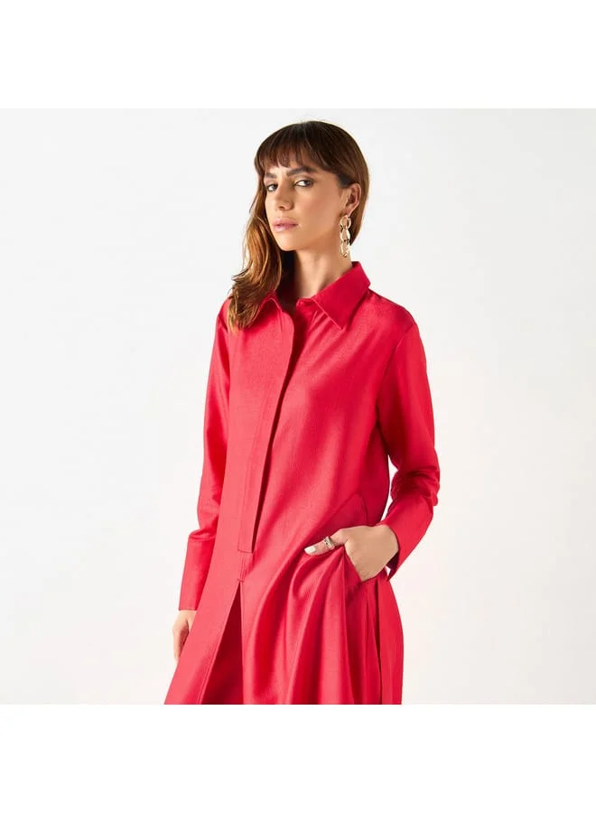 Iconic Iconic Textured Longline Shirt Tunic with Long Sleeves and Slit Detail