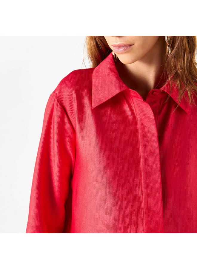 Iconic Iconic Textured Longline Shirt Tunic with Long Sleeves and Slit Detail