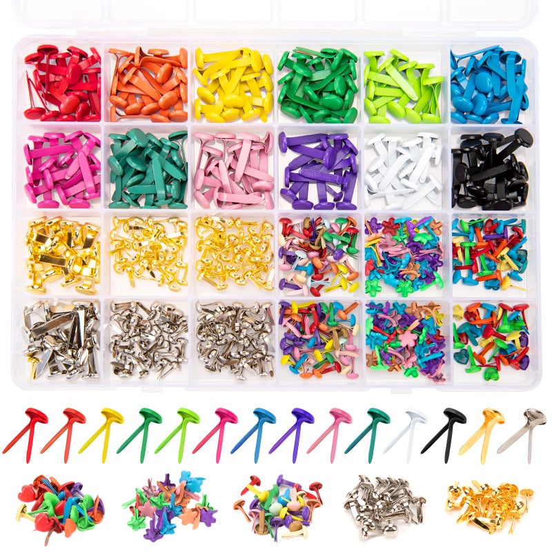 fuceury 510Pcs Brads for Paper Crafts, 14 Colors and 5 Styles Metal Brass Brads Paper Fasteners, Mini Brads Split Pin for Paper Crafts, Scrapbooking, DIY Projects, Office Supplies (with Storage Box) - Image 1