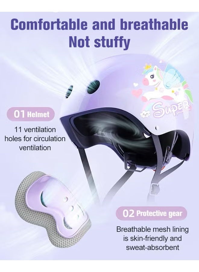 7PCS Adjustable Helmet and Pads Set, Sports Protective Gear Set with Elbow Knee and Wrist Pads, Bike Helmet with Adorable Pattern, Suitable for Multi-Sports Like Cycling, Skateboard, Scooter, Roller Skating, Ideal Gift for Kids - Image 2