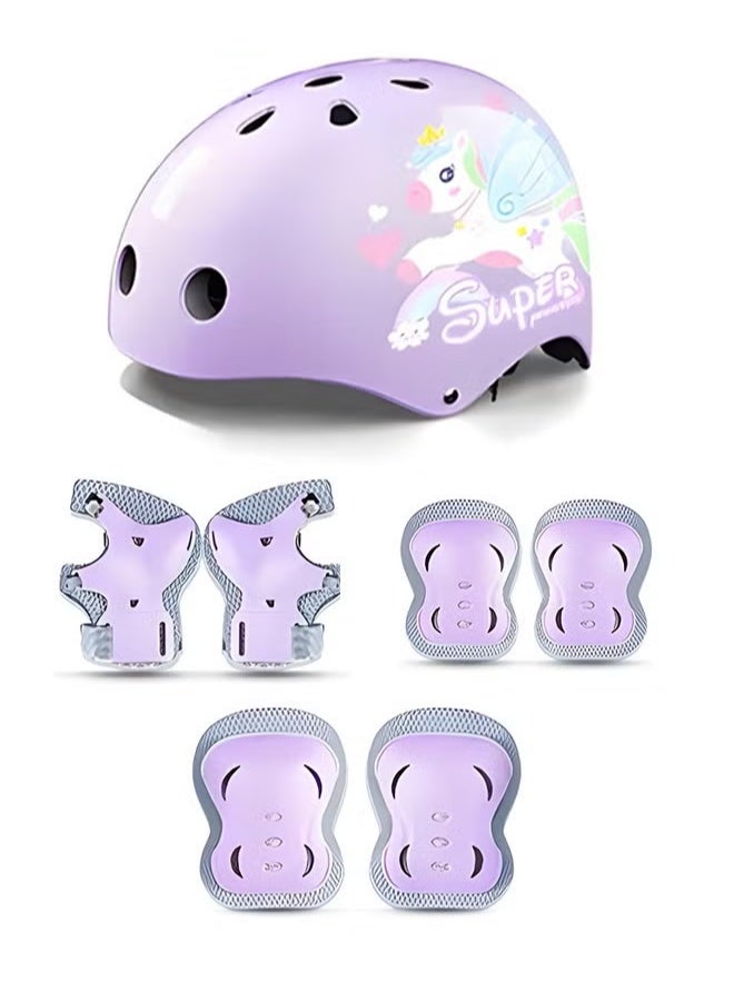 7PCS Adjustable Helmet and Pads Set, Sports Protective Gear Set with Elbow Knee and Wrist Pads, Bike Helmet with Adorable Pattern, Suitable for Multi-Sports Like Cycling, Skateboard, Scooter, Roller Skating, Ideal Gift for Kids - Image 1