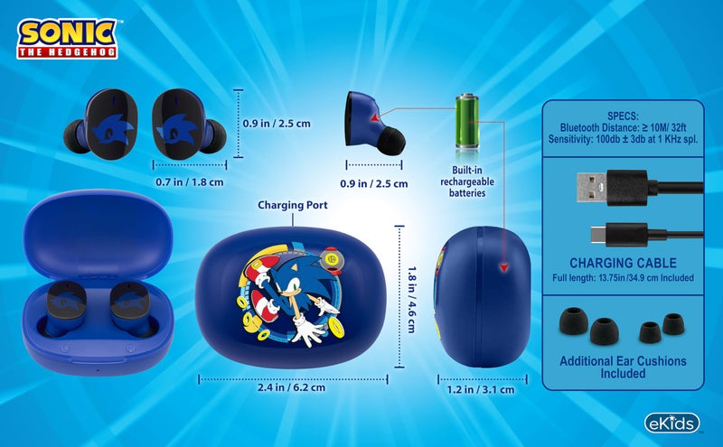 eKids Sonic The Hedgehog Wireless Earbuds with Microphone, Bluetooth Earbuds with Charging Case (Sonic) - Image 4