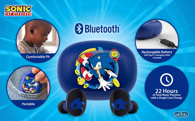 eKids Sonic The Hedgehog Wireless Earbuds with Microphone, Bluetooth Earbuds with Charging Case (Sonic) - Image 2