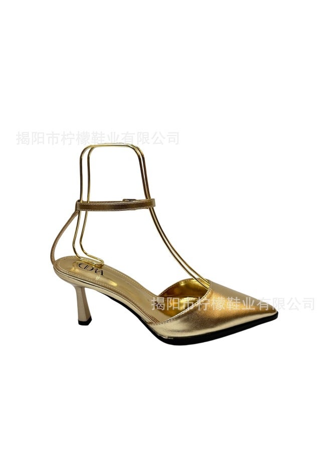 Cidra  New Style Metallic Pointed-toe Stiletto Sandals With Ankle Strap And Open Back High-heeled Sandals For Women