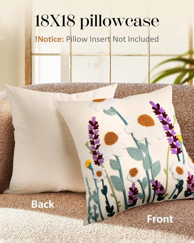 Kokaaee Embroidered Throw Pillow Covers Set of 2-18x18 Decorative Pillow Covers with Zipper Aesthetic Cute Design Spring Summer Throw Pillowcases for Outdoor Couch Sofa Bed, Wild Floral - Image 4
