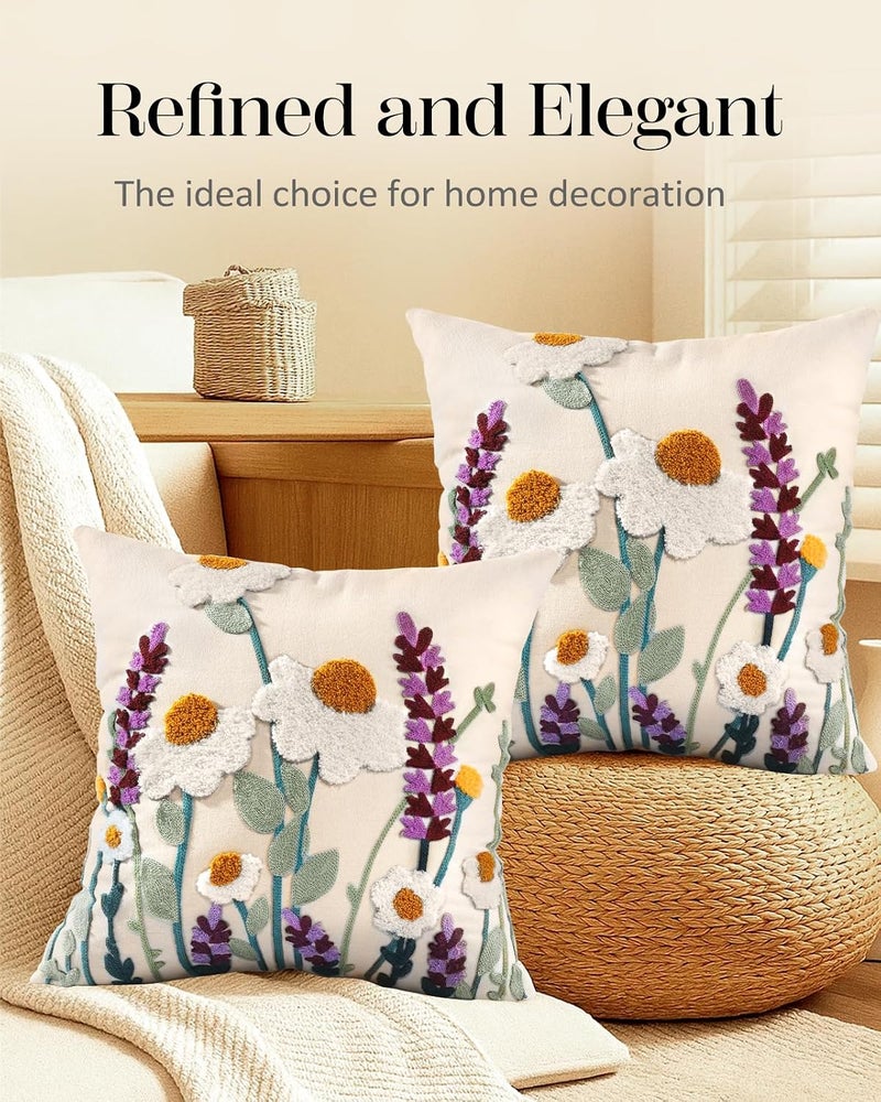 Kokaaee Embroidered Throw Pillow Covers Set of 2-18x18 Decorative Pillow Covers with Zipper Aesthetic Cute Design Spring Summer Throw Pillowcases for Outdoor Couch Sofa Bed, Wild Floral - Image 5