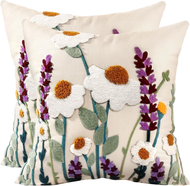 Kokaaee Embroidered Throw Pillow Covers Set of 2-18x18 Decorative Pillow Covers with Zipper Aesthetic Cute Design Spring Summer Throw Pillowcases for Outdoor Couch Sofa Bed, Wild Floral - Image 1