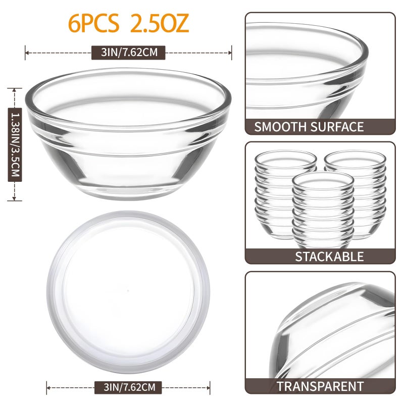 FUYITE 6 Pack Mini 3 Inch Small Glass Bowls with 6 Pack Lids, 2.5 oz Clear Glass Pinch Bowls, Condiment Containers, for Dips, Nuts, Candy, Snacks, Meal Prep Bowls - Image 2