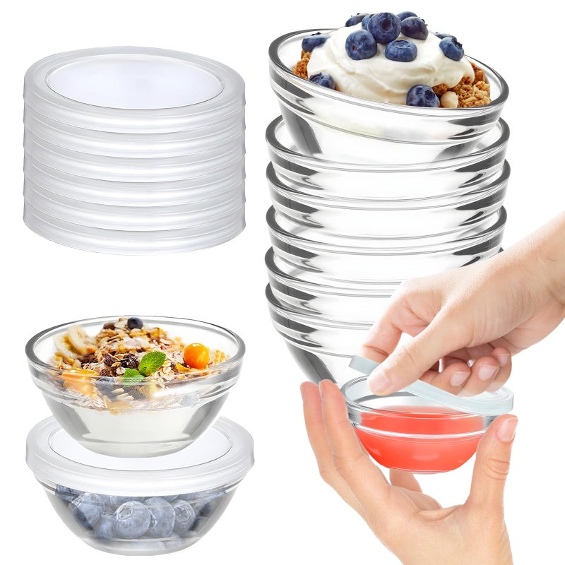 FUYITE 6 Pack Mini 3 Inch Small Glass Bowls with 6 Pack Lids, 2.5 oz Clear Glass Pinch Bowls, Condiment Containers, for Dips, Nuts, Candy, Snacks, Meal Prep Bowls - Image 1