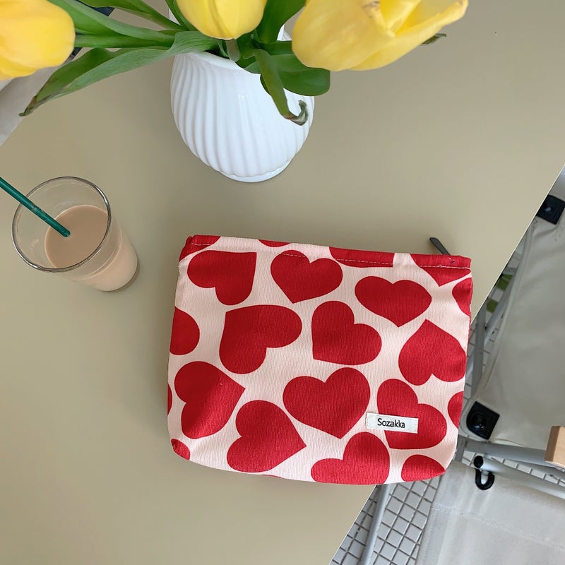 Corduroy Checkered Cosmetic Pouch Women Corduroy hearts