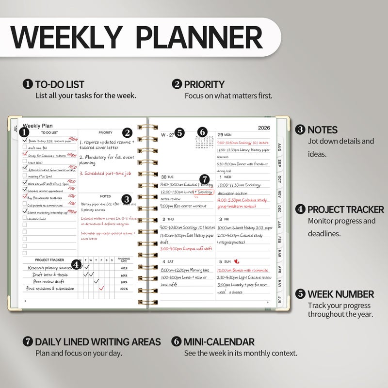 LOAPEM Academic Planner 2026-2027, Weekly and Monthly, A5 Size (5.7" x 8.3"), July 2026 - June 2027, To-do List for Tracking, for School, Home, Office, Hardcover, 12-Month Tabs (Light Green) - Image 2