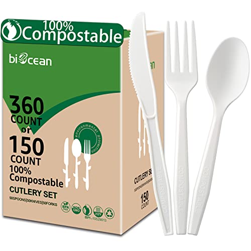 BIOCEAN 100 Compostable No Plastic Knives Forks Spoons Utensils Heavyweight Heavy Duty Eco Friendly Flatware for Lounge Party Wedding BBQ Picnic Camping