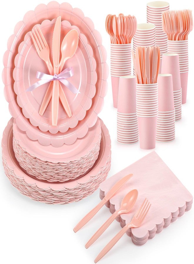 Ziliny 350 Pcs Light Pink Plates and Napkins, 50 Guest Spring Party Supplies Include Scalloped Paper Plates Napkins Cups Plastic Spoons Forks Knives Disposable Tableware Set for Baby Shower - Image 1