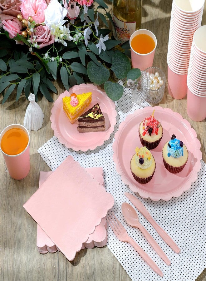 Ziliny 350 Pcs Light Pink Plates and Napkins, 50 Guest Spring Party Supplies Include Scalloped Paper Plates Napkins Cups Plastic Spoons Forks Knives Disposable Tableware Set for Baby Shower - Image 5