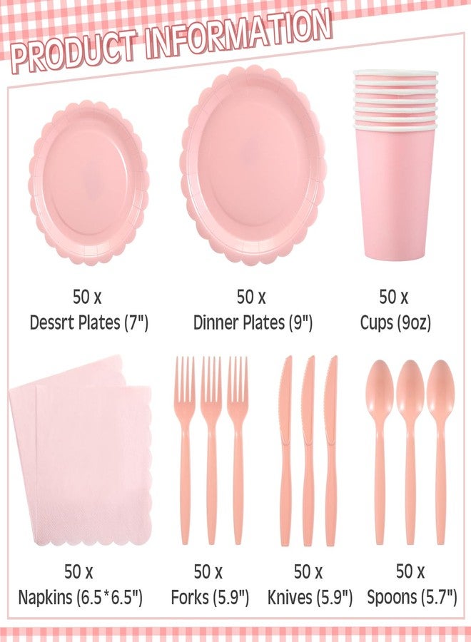 Ziliny 350 Pcs Light Pink Plates and Napkins, 50 Guest Spring Party Supplies Include Scalloped Paper Plates Napkins Cups Plastic Spoons Forks Knives Disposable Tableware Set for Baby Shower - Image 2