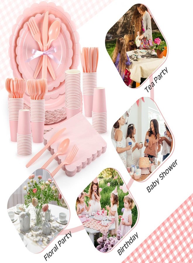 Ziliny 350 Pcs Light Pink Plates and Napkins, 50 Guest Spring Party Supplies Include Scalloped Paper Plates Napkins Cups Plastic Spoons Forks Knives Disposable Tableware Set for Baby Shower - Image 3