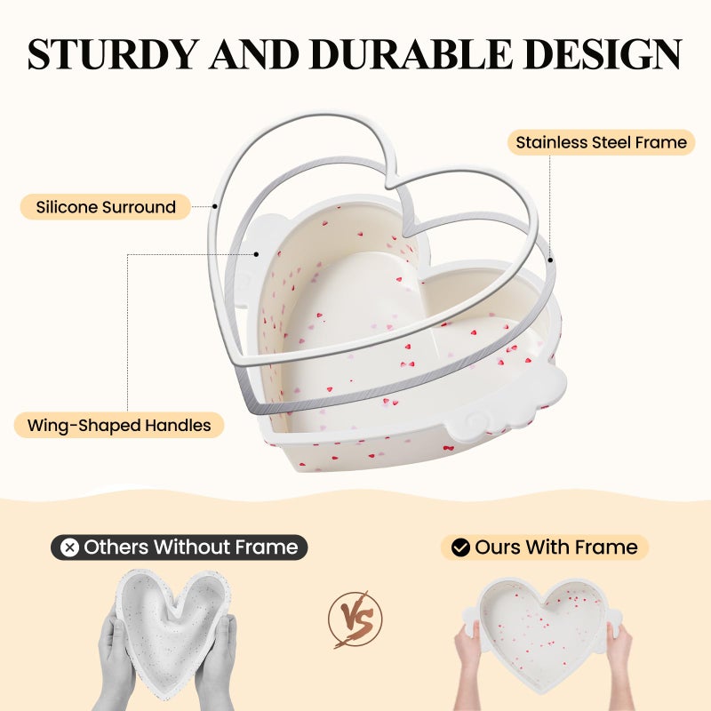 Vinino 2-Pack Silicone Heart Shaped Cake Pans with Metal Reinforced Frame, Nonstick 8 Inch Heart Shaped Baking Pans with Wing Handles, Silicone Cake Molds for Oven, BPA Free, Dishwasher Safe- Cream - Image 2