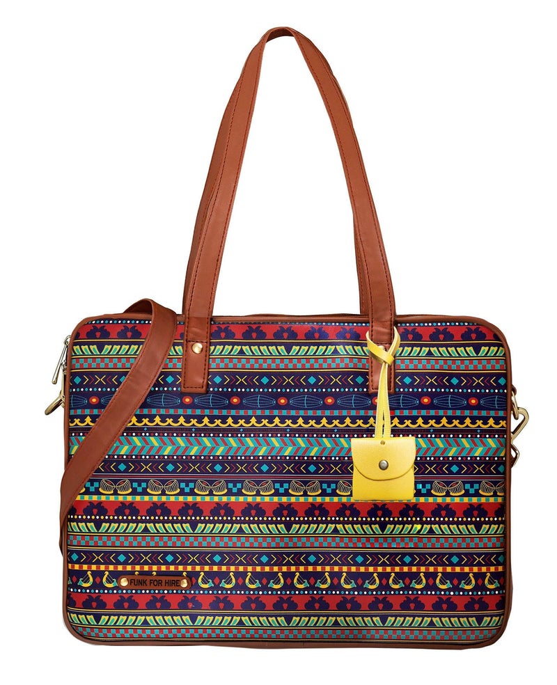 Funk For Hire Women’s Multi Color Printed Vegan Leather 15.6" Laptop Handbag Sling with Waterproof Nylon Lining Adjustable Strap Cushioned Compartment Organizer Lightweight - Image 1