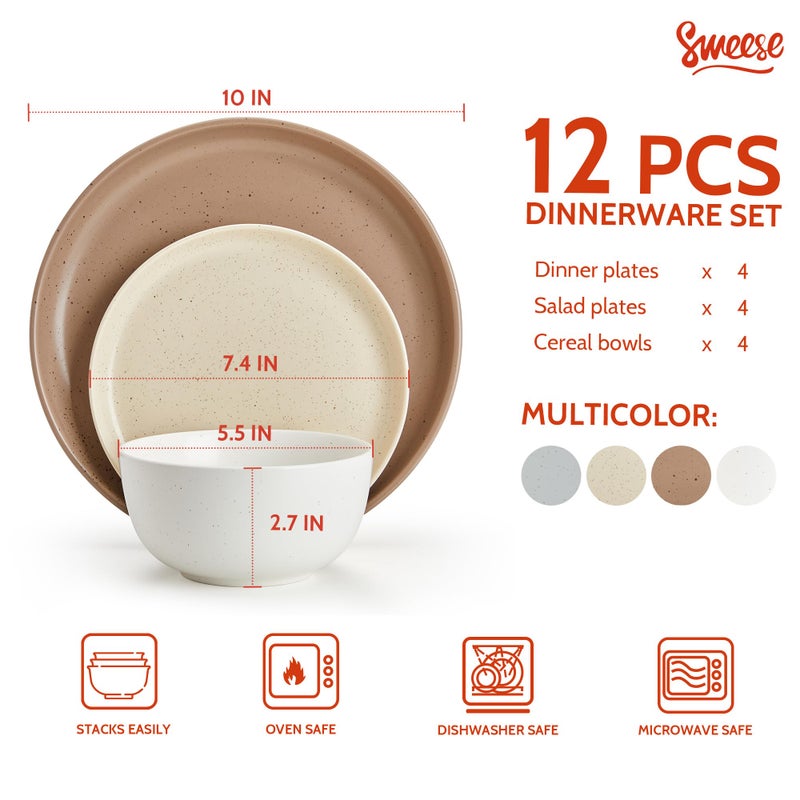 Sweese Dinnerware Sets Service for 4, 12 pcs Matte Speckled Glaze Plates and Bowls Sets, Handmade Ceramic Dish Set, Highly Chip and Crack Resistant Modern Plate Set, Multi-color - Image 2