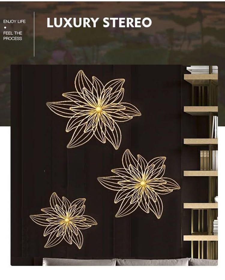 ZOVE Metal Set of 3 Pieces Golden Flowers Wall Art Hanging Perfect For Home, Hotel, Restaurant, Living Room Decoration (24 x 24 Inch)(Golden) - Image 5