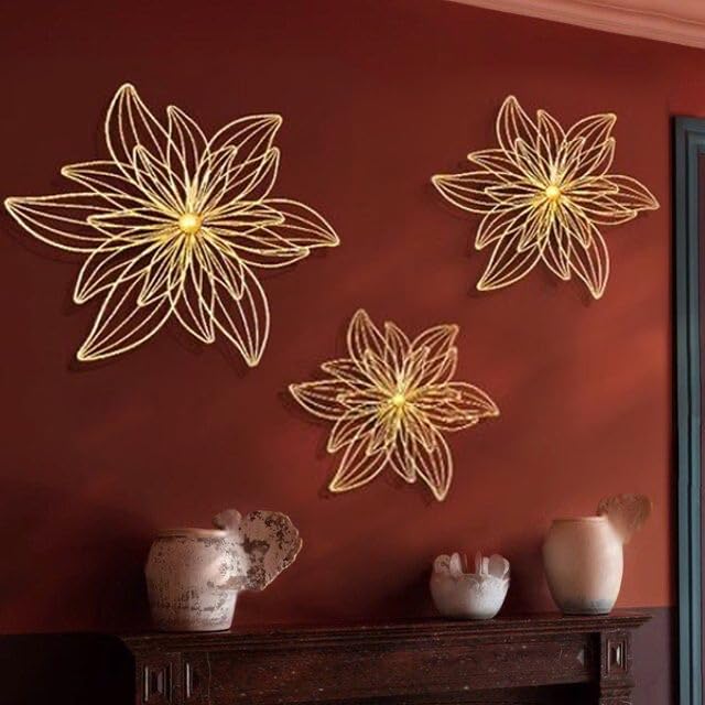 ZOVE Metal Set of 3 Pieces Golden Flowers Wall Art Hanging Perfect For Home, Hotel, Restaurant, Living Room Decoration (24 x 24 Inch)(Golden) - Image 3