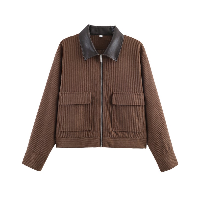 Women's Corduroy Patchwork Faux Leather Collar Jacket Casual Outerwear - Image 3