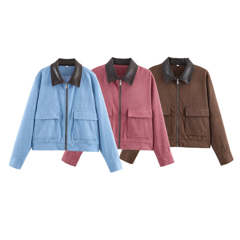 Women's Corduroy Patchwork Faux Leather Collar Jacket Casual Outerwear - Image 1
