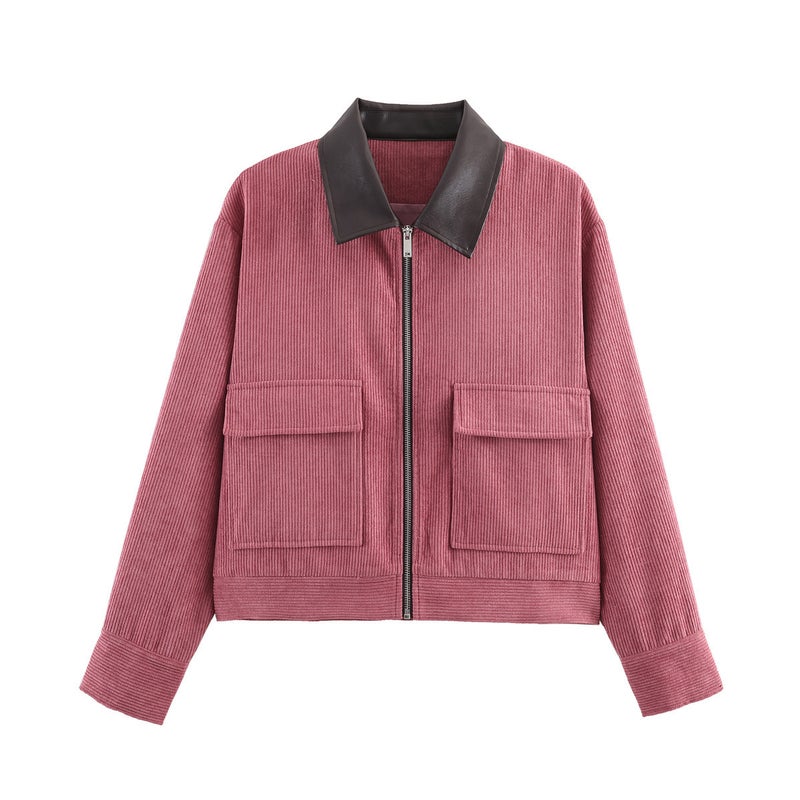 Women's Corduroy Patchwork Faux Leather Collar Jacket Casual Outerwear - Image 2
