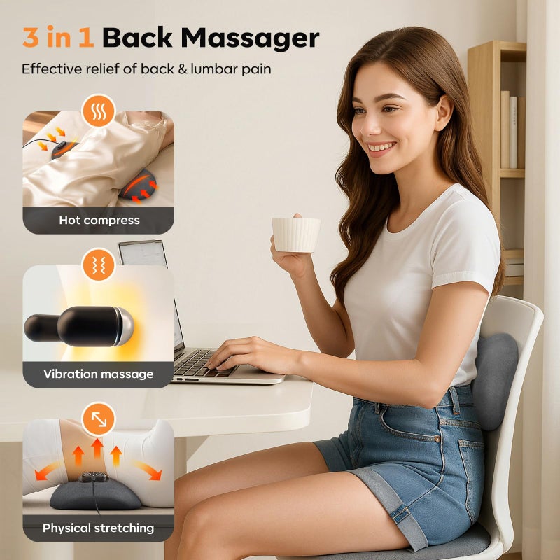 HuixinLine Smooth Triple Fusion 3-in-1 Back Massager Lumbar Pillow with Heat, Vibration & Traction Back Massager for Pain Relief, Deep Tissue Relaxation for Home, Office- Corded Electric Gift Idea - Image 2
