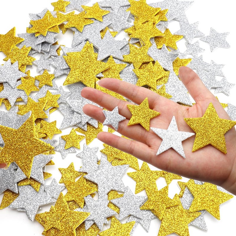 Linsuminn Star Stickers, Gold Star Stickers, 100 PCS Foam Stars Sticker for Kids Crafts, Self Adhesive Glitter Stars Shaped Gold Silver Foam Sticker Arts Crafts DIY Sticker for Winter Scrapbook Card Decoration - Image 2