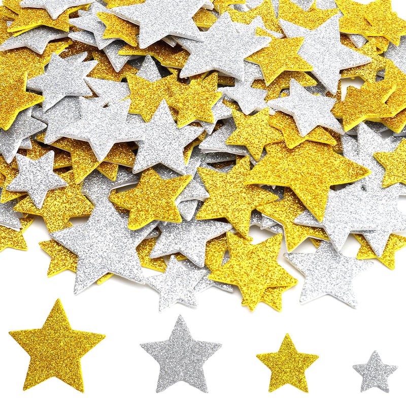 Linsuminn Star Stickers, Gold Star Stickers, 100 PCS Foam Stars Sticker for Kids Crafts, Self Adhesive Glitter Stars Shaped Gold Silver Foam Sticker Arts Crafts DIY Sticker for Winter Scrapbook Card Decoration - Image 1