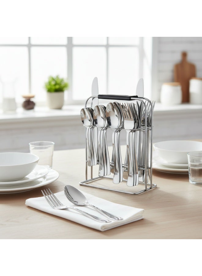 Decent 26-Piece Stainless Steel Cutlery Set with Stand – Premium Silver Finish | Spoons, Forks & Knives Flatware Set for Dining | Durable Rust-Resistant Utensils with Storage Stand - Image 2