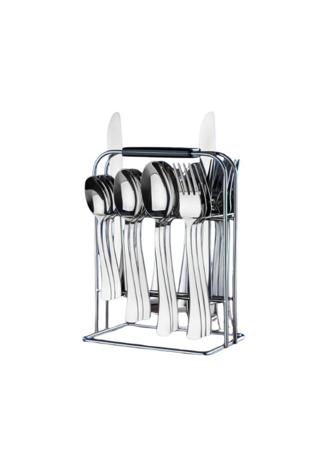 Decent 26-Piece Stainless Steel Cutlery Set with Stand – Premium Silver Finish | Spoons, Forks & Knives Flatware Set for Dining | Durable Rust-Resistant Utensils with Storage Stand - Image 1