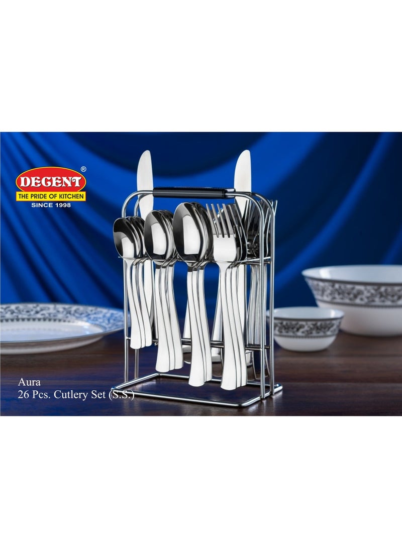 Decent 26-Piece Stainless Steel Cutlery Set with Stand – Premium Silver Finish | Spoons, Forks & Knives Flatware Set for Dining | Durable Rust-Resistant Utensils with Storage Stand - Image 3