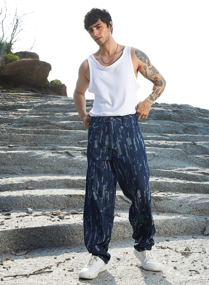 CAHOOT  Men's Navy Blue Textured Baggy Denim Jeans for Men | Best Price UAE