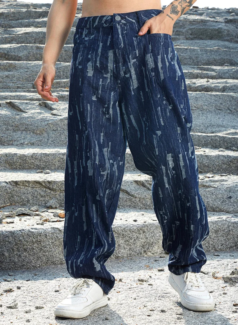 Campus Sutra Men's Navy Blue Textured Baggy Denim Jeans For Casual Wear | Dark-Wash | Low-Rise | Button Closure | Denim Jeans Crafted With Comfort Fit For Everyday Wear