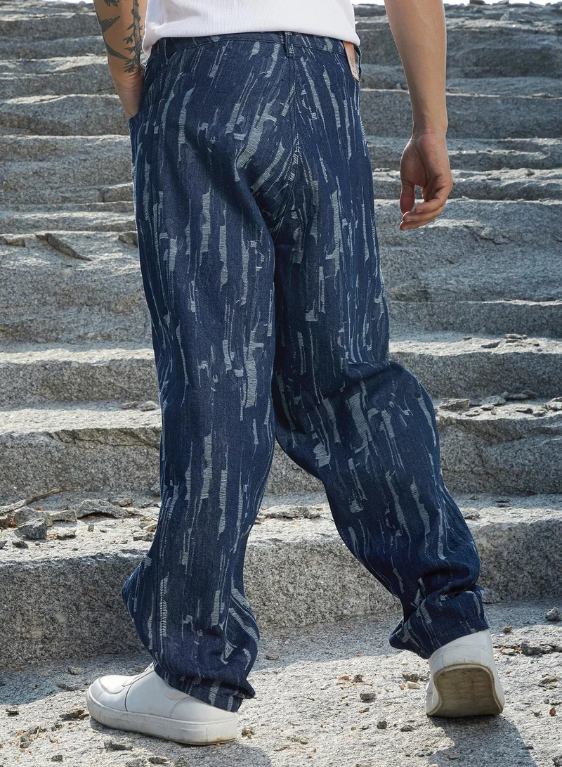 CAHOOT  Men's Navy Blue Textured Baggy Denim Jeans for Men | Best Price UAE