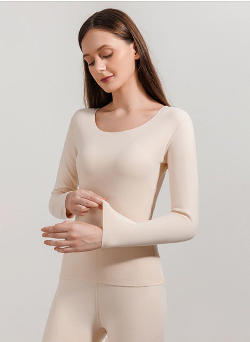 VUCATIN Women and Men Thick Thermal Underwear Set Couples Ultra-Soft Long Johns Set Crew Neck Base Layer Stretch Long Johns Bottoms Leggings for Cold Weather Training Hiking Outdoor Sports (Women's Beige) - Image 2