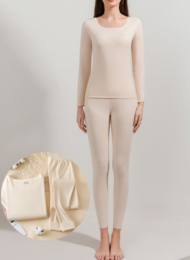 VUCATIN Women and Men Thick Thermal Underwear Set Couples Ultra-Soft Long Johns Set Crew Neck Base Layer Stretch Long Johns Bottoms Leggings for Cold Weather Training Hiking Outdoor Sports (Women's Beige) - Image 1