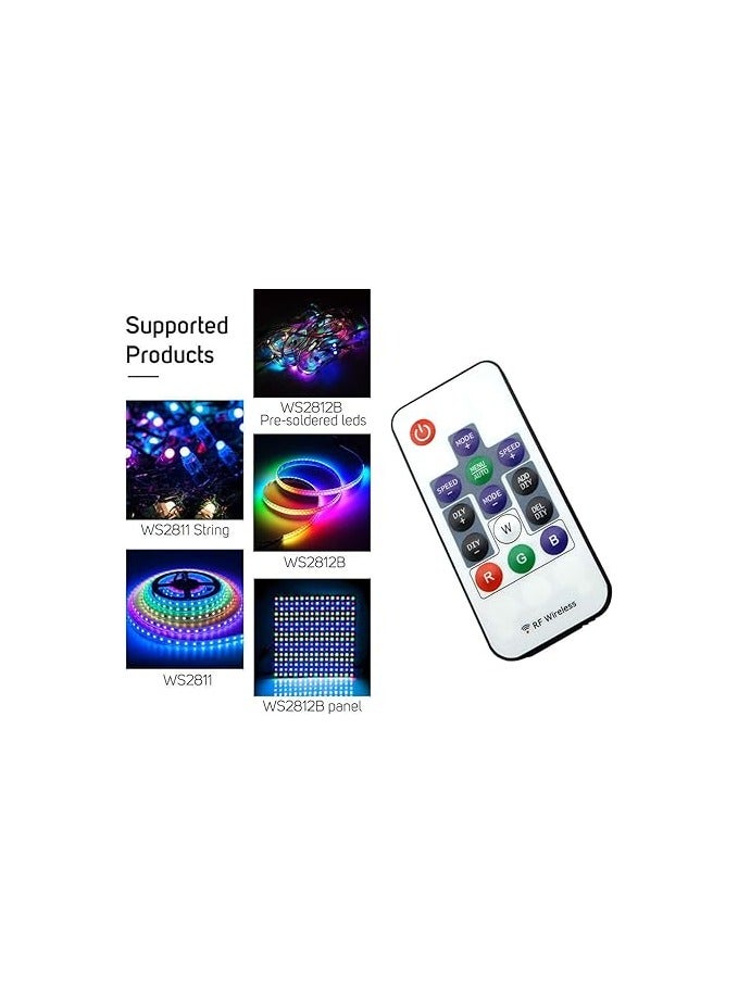 Two RGB LED controllers, DC 5-24V, with 14-key RF wireless remote control and dimming function for WS2811 WS2812 LED strip lights with 30 types of lighting effects from Azimum - Image 2