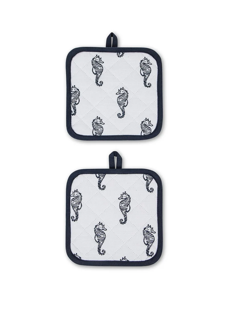 كوينكاسا Set Of 2 Pot Holders With Seahorses In Slub Cotton.